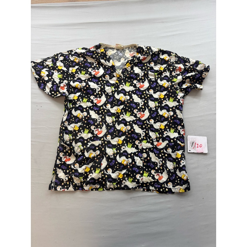 Peaches Halloween Scrub Top Ghosts Bats Candy Corn Black V-Neck Medical Uniform